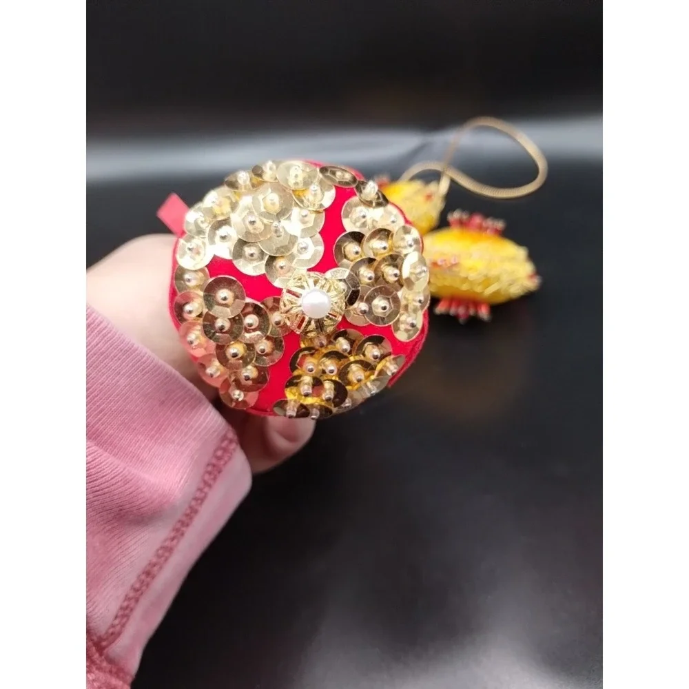 Set Of 3 Vintage Handmade Beaded Sequins Christmas Ornaments